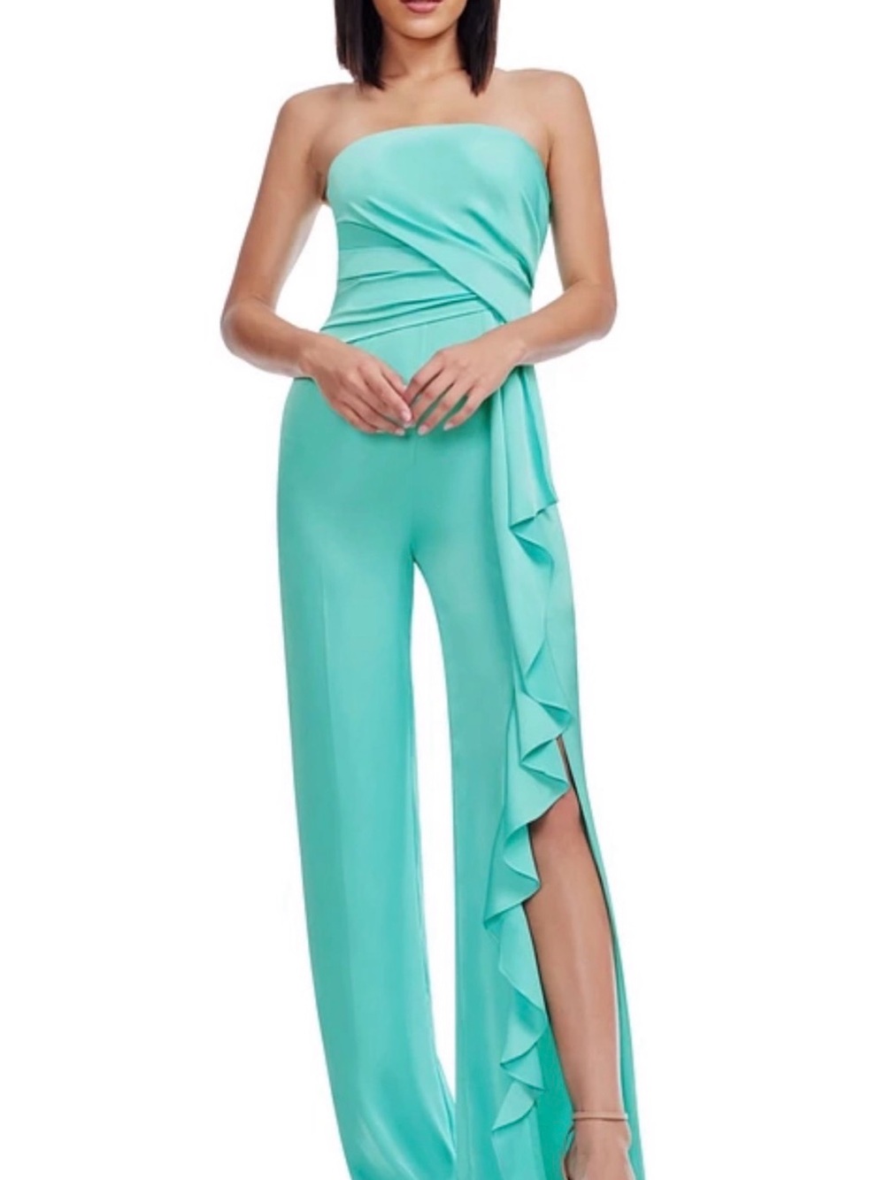 Dress the Population Strapless Ruffle-Side Wide-Leg Jumpsuit in Aqua